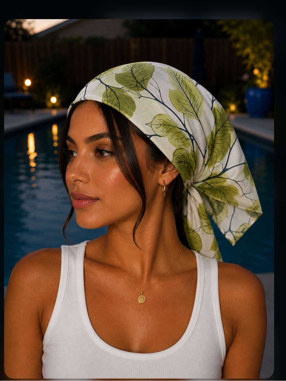 100% silk Leaf Print Headscarf - Green Botanical Hair Scarf